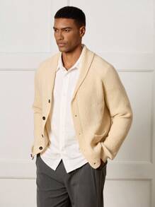 Manfinity CityGents Áo khoác cardigan nam trơn màu có cổ khăn choàng, tay dài, thường ngày, phong cách cổ điển, thu đông - Màu be - Xem 1