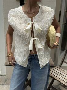 Serisse 女士优雅纯色 3D 花朵领带夹克，夏季秋冬 3D 花朵上衣 - 杏色 - 查看 3