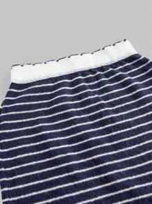 SHEIN MOD Navy Blue Striped Knitted Bodycon Mini Skirt, Women Woolen Skirt - Navy Blue - View 4
