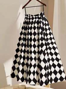 Franclia Falda elegante de cintura alta con pliegues y patrón de rombos para mujer - Blanco y Negro - Ver 1