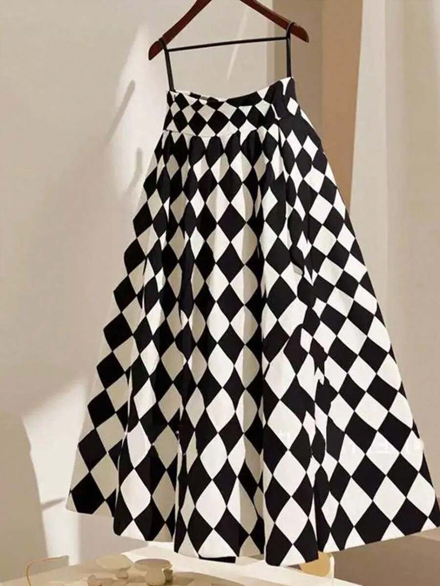 Franclia Falda elegante de cintura alta con pliegues y patrón de rombos para mujer - Blanco y Negro - Ver 1