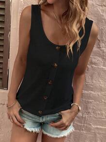 EMERY ROSE New Fashion Women Round Neck Button Camisole - Black - View 6
