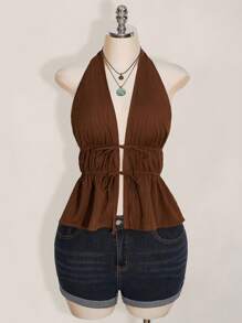 SHEIN ICON 大码女式系带前褶边露背吊带上衣，适合海滩度假、夏季约会穿着 - 棕色 - 查看 3