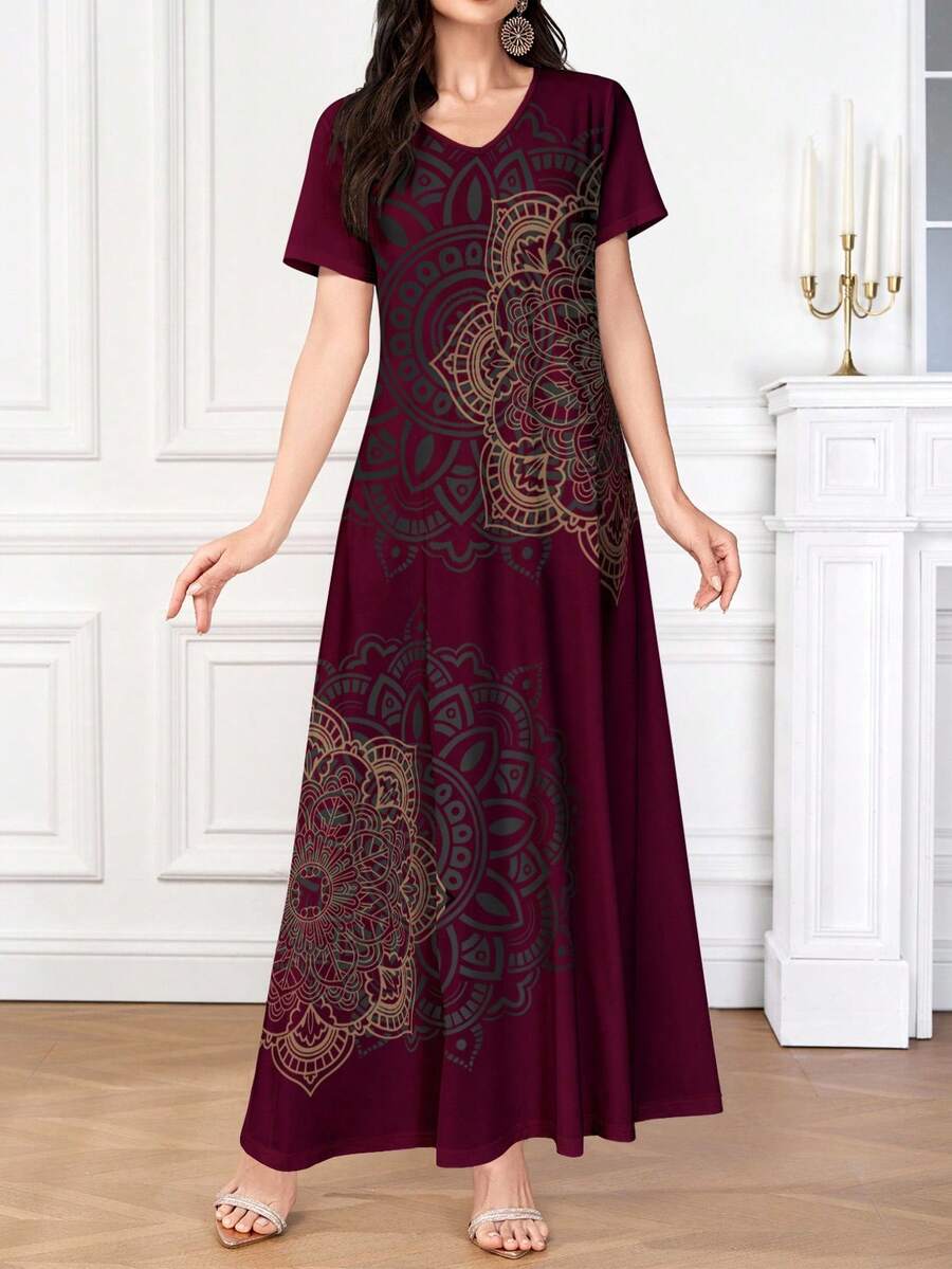 Lacomfia 优雅时尚艺术印花女式短袖连衣裙 - 彩色 - 查看 1