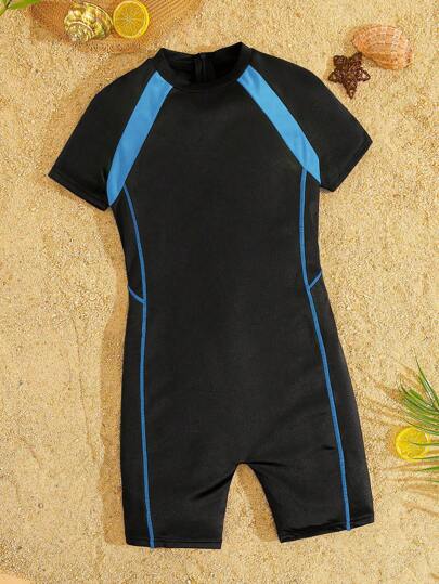 SHEIN Young Boy Sporty Color Block Round Neck Short Sleeve Knit One-Piece Swimsuit Boys Swimsuit Kids Swimming Suit Boys One Piece Swimsuit