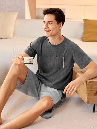 Manfinity Underwear&Sleepwear Basics بيجاما رجالية قصيرة الأكمام وشورت بلون سادة