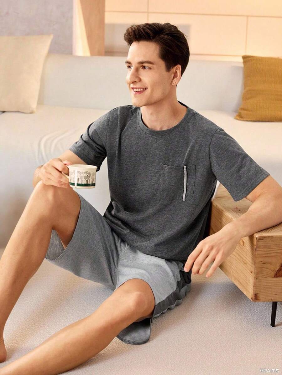 Manfinity Underwear&Sleepwear Basics 男士纯色口袋短袖上衣和短裤睡衣套装 - 深灰色 - 查看 1