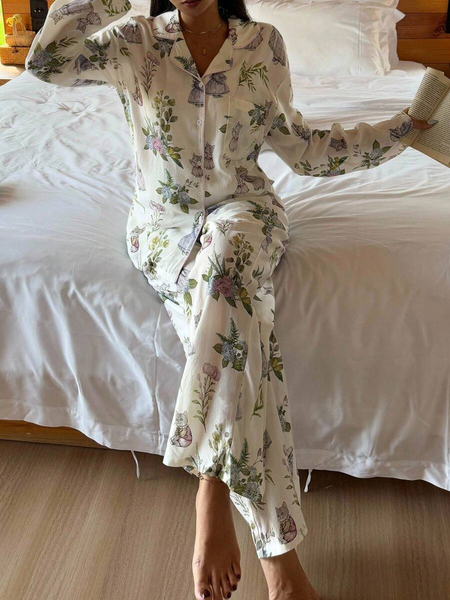 DAZY 猫咪与花卉印花全印花女士睡衣套装，秋冬服装 - 白色 - 查看 1