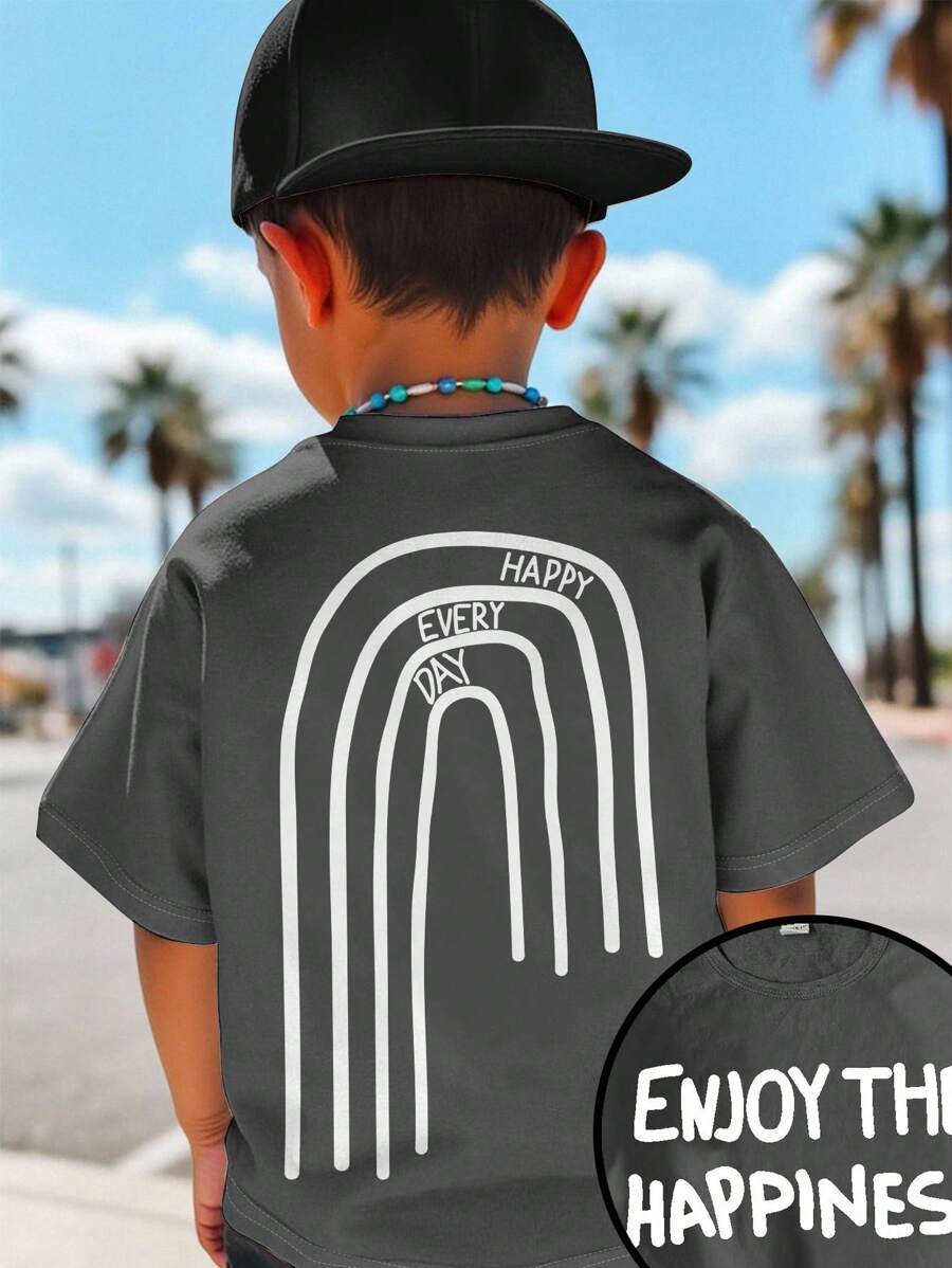 SHEIN Camiseta casual minimalista com gola redonda para meninos, adequada para o verão - Cinza escuro - Ver 1