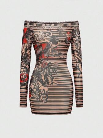 Grunge Punk Y2K Baddie Punk Japanische Ukiyo-E Kranich Flügel Rebe Digital Muster Sexy transparentes Body-Con Minikleid für Frauen