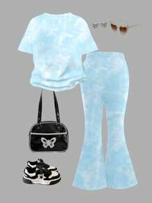 SHEIN 2件套少女休闲可爱卡通蓝兔露露，史迪奇图案，清爽天蓝色扎染圆领短袖T恤和喇叭裤套装，适合夏季 - 彩色 - 查看 2