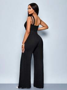 SOLERSUN Women's Color Block Asymmetrical Neck Cutout Spliced Metal Decorated Sleeveless Straight Jumpsuit - Black - View 2