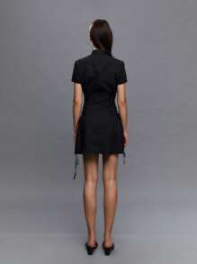 SHEIN Unity 女士性感纯色镂空交叉系带腰迷你连衣裙，夏季 - 黑色 - 查看 2