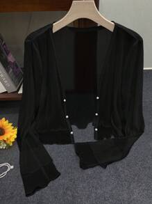 INAWLY 女式纯色长袖仿珍珠装饰轻便开衫 - 黑色 - 查看 1