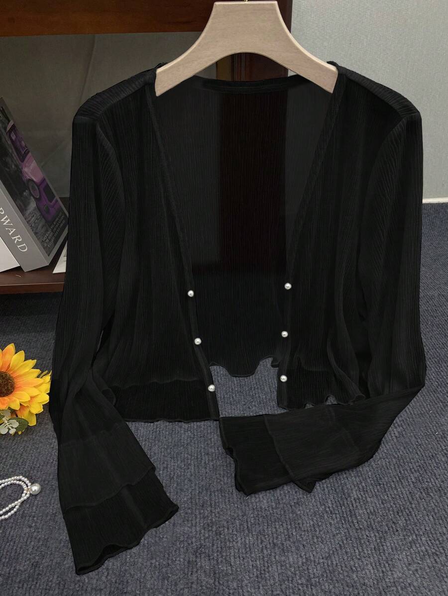 INAWLY 女式纯色长袖仿珍珠装饰轻便开衫 - 黑色 - 查看 1