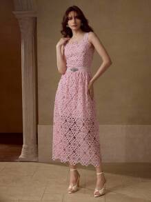 MOTF PREMIUM GUIPURE LACE OVERLAY RHINESTONE WAIST DRESS - Pink - View 1