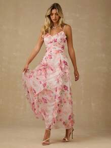 Enchnt Frühlings-/Sommer-romantisches Damen-Maxikleid mit rosa Blume Muster, Spaghettiträgern, geraffter Taille und Rüschensaum, süß und elegant für Urlaub, Date, Feiertage, Party, Abschluss, Hochzeitsgast, Strand, Abschlussball, Sommerkleider für Damen, Sommerkleider, Sommerkleidung, elegante Partykleider, Boho-Kleidung für Damen