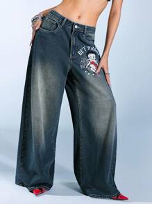 Betty Boop | ROMWE 卡通人物刺绣哥特式十字架与藤蔓玫瑰做旧水洗超大 Y2K 牛仔裤