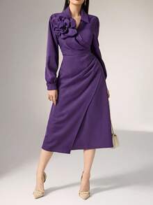 Heiryn 3D Floral V-Neck Long Sleeve Dress For Women - Purple - View 4
