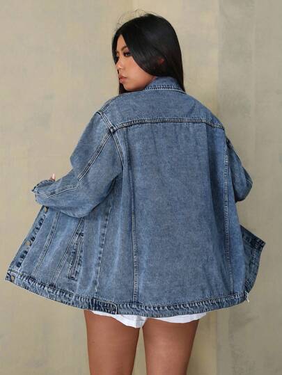 SHEIN ICON Plus Size Women's Long Sleeve Single Breasted Loose Casual Denim Jacket,Fall Clothes For Women