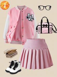 SHEIN Explorewe 2pcs Young Girls Preppy Style Light Pink Baseball Jacket & Pleated Skirt Set,Autumn Back-To-School Career Day Embroidered Letter Contrast Outerwear - Pink - View 1