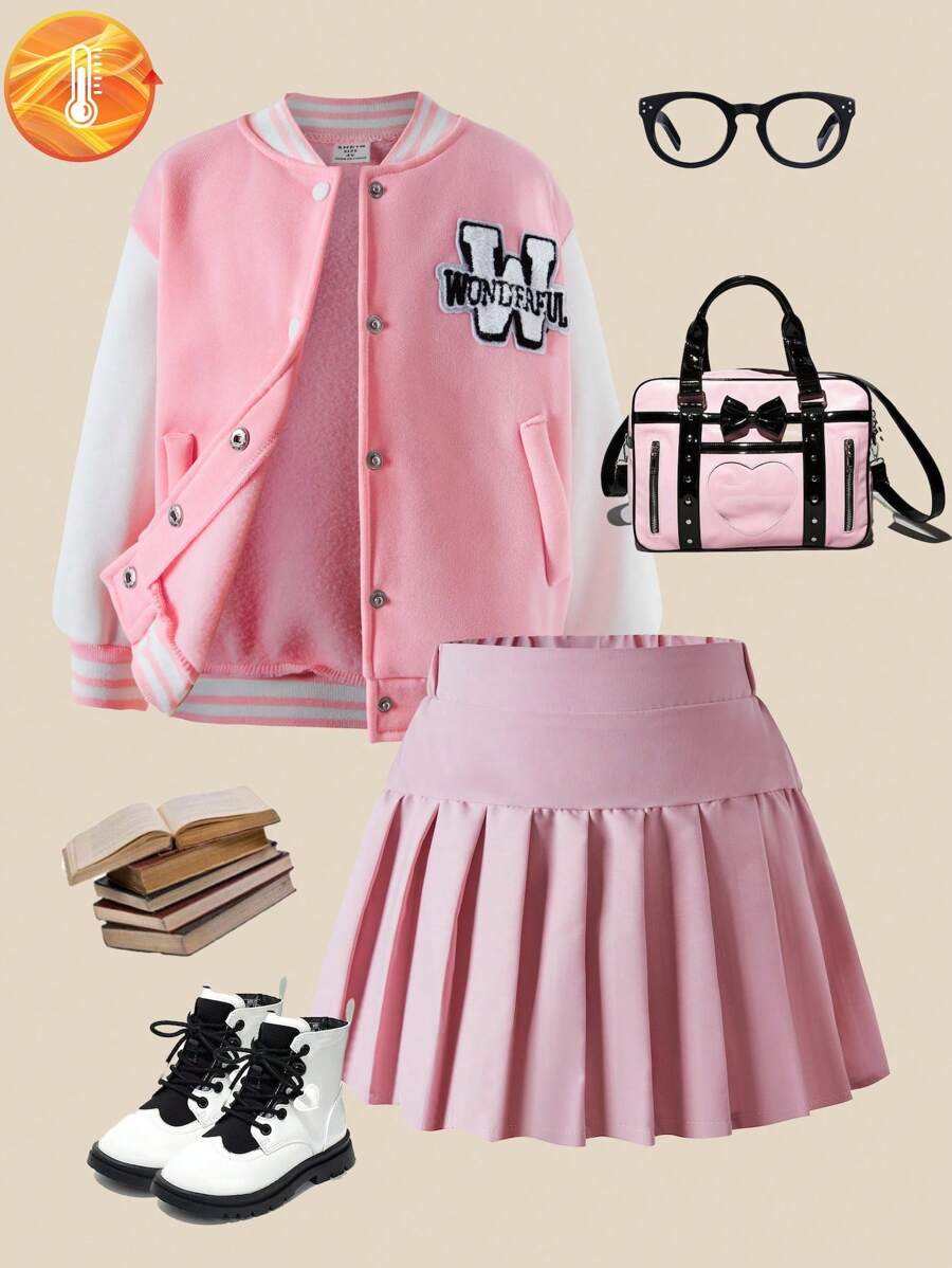 SHEIN Explorewe 2pcs Young Girls Preppy Style Light Pink Baseball Jacket & Pleated Skirt Set,Autumn Back-To-School Career Day Embroidered Letter Contrast Outerwear - Pink - View 1