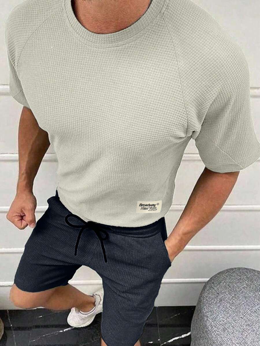 EURMUSE Men Waffle Fabric Raglan Sleeve Patched Regular T-Shirt Set - Apricot - View 1