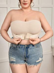 SHEIN CURVE+ Curve 大码/秋装/秋季女装/女冬装/冬装大码女式前扣短款紧身性感抹胸上衣，女式，冬季，CURVE PLUS - 杏色 - 查看 7