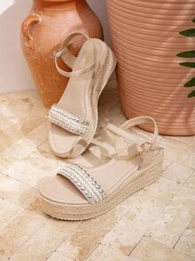 Styleloop Women's Woven Rope Platform Wedge Sandals, Vacation Style BOHO Chic Retro American Western Music Festival Party Outfit Valentine's Day - Apricot - View 6