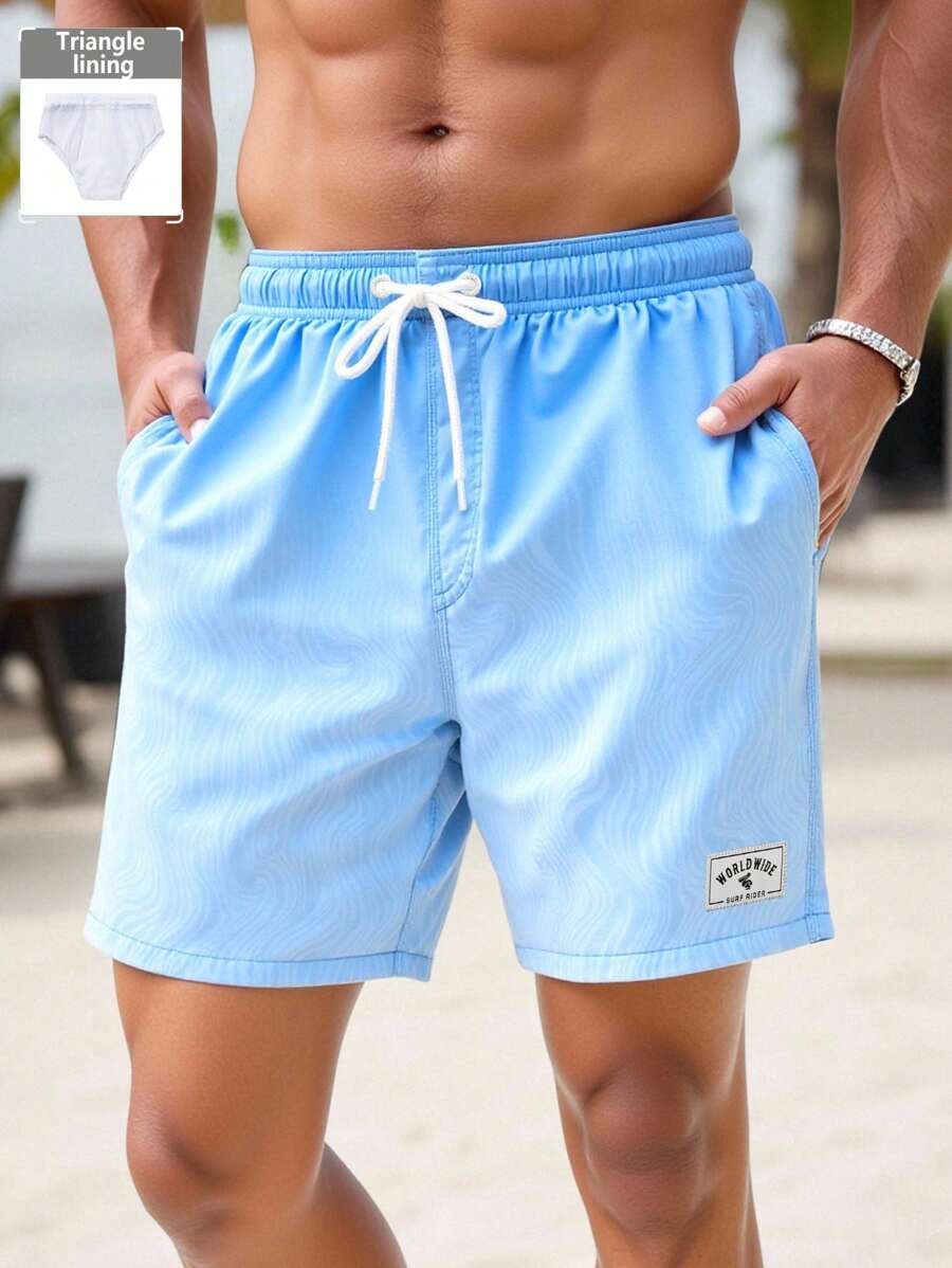 Manfinity Swimmode 男士渐变色字母印花抽绳腰斜口袋沙滩短裤，休闲夏季 - 藍色 - 查看 1