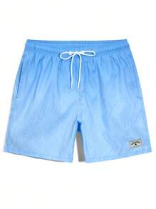 Manfinity Swimmode 男士渐变色字母印花抽绳腰斜口袋沙滩短裤，休闲夏季 - 藍色 - 查看 3