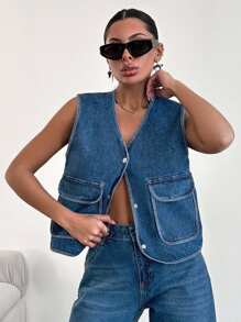 EURMUSE 100%Cotton Women's Sleeveless Denim Top With V-Neckline, Flap Pockets And Front Opening - Blue - View 1