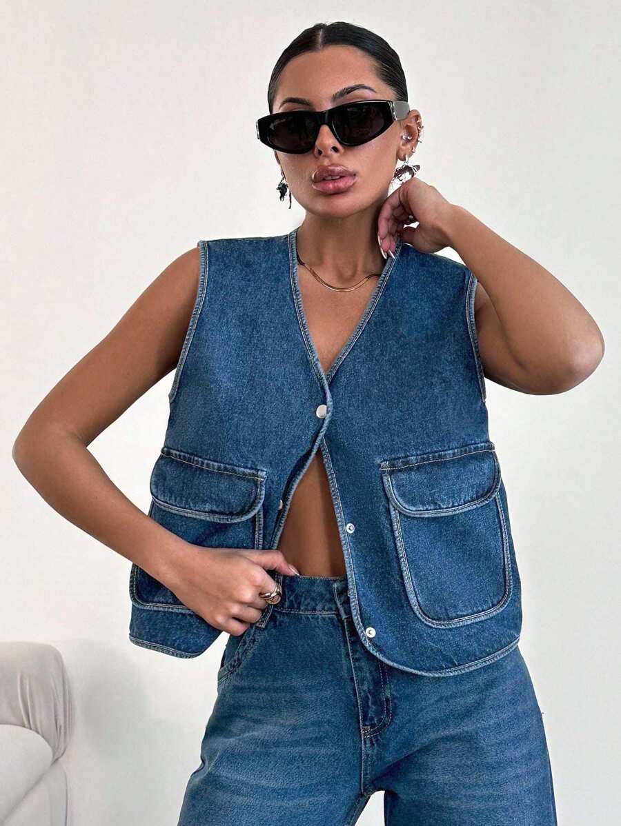 EURMUSE 100%Cotton Women's Sleeveless Denim Top With V-Neckline, Flap Pockets And Front Opening - Blue - View 1