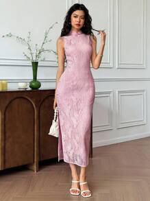 EastFlair Vestido elegante ajustado con estampado de button y florecilla para mujer - Rosa - Ver 7