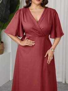 Modelyn Plus Size V-Neck Ruffle Sleeve Cinched Waist A-Line Maxi Dress, Elegant Romantic Charm, Spring/Summer - Red Violet - View 6