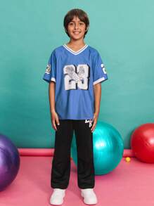 SHEIN Camiseta de manga corta con cuello en V casual, suelta y cómoda con estampado de letras para niño preadolescente - Azul - Ver 3