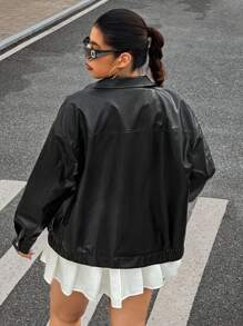 SHEIN EZwear Plus Size Dropped Shoulder Zip-Up PU Solid Color Casual Short Leather Jacket, Versatile For Spring & Autumn Zip Up Cropped Jacket Faux Leather Jacket Cropped Leather Jacket Jacket Y2k,Fall Women Clothes,Fall Clothes For Women Winter