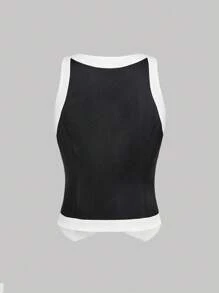 SHEIN MOD Áo khoác không tay màu tương phản dành cho nữ - Đen và trắng - Xem 3