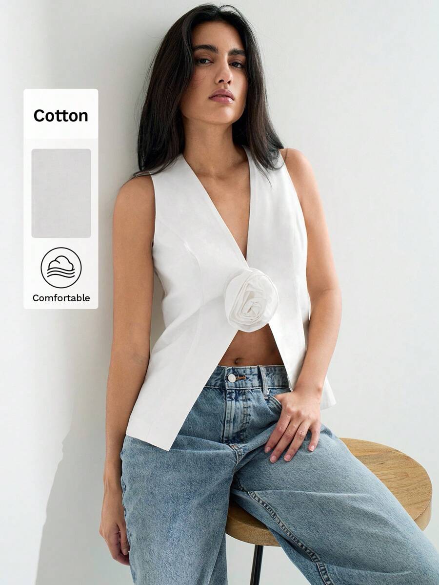 Maija 2025 Summer New White Floral 3D Decor Design Office Commute Simple Stylish Versatile Modern Elegant Music Festival Beach Resort Casual Urban Vacation Suitable For Outings, Gatherings, Weddings, Guests, Graduate Season Women Blouse Jacket - White - View 1