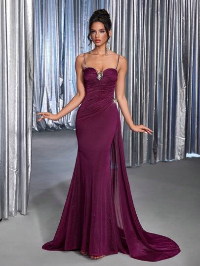 Glamrae 优雅奢华深紫色飘逸雪纺细肩带荷叶边装饰女士正式晚礼服，配领带丝带