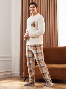 Manfinity Underwear&Sleepwear Basics Men's Casual Plaid Pocketed Fleece Loungewear Set, Home Outfit For Winter, Fall Winter Clothes, Fluffy Pajama, Cozy - Multicolor - View 3