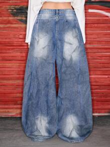 Astro Boy X ROMWE Rhinestone Embellished Extra Loose Low Waist Baggy Women's Jeans - Blue - View 4