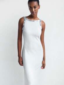 Maija Đầm dài hở lưng đính sequin thời trang thanh lịch màu trắng gợi cảm cho nữ, thích hợp cho ngày lễ, tiệc tùng, mùa tốt nghiệp - trắng - Xem 6