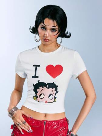 Betty Boop | ROMWE Sexy & Cute Cartoon Figure Graphic Women T-Shirt Suitable For Going Out