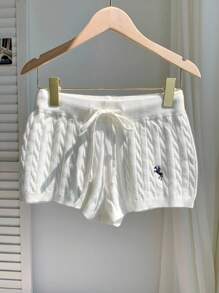 Comfortcana Pantalones cortos de punto con detalles bordados, cómodos pantalones cortos para el verano, otoño e invierno - Blanco - Ver 7