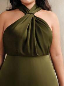 Anewsta Vestido elegante plus size verde com cintura marcada e decote halter, fluido, vestido slim de alta qualidade para o verão, férias, casual, elegante, festival, convidado de casamento - Verde - Ver 5