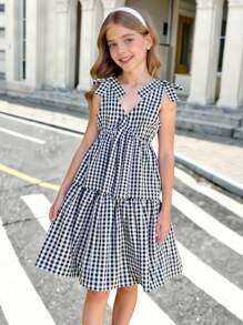 Tween Girls Casual Fashion Woven Gingham V-Neck Sleeveless Bow Patchwork Waist A-Line Dress, Back To School, Graduation Party, Summer Holiday - Black - View 3
