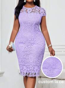 SHEIN Lady 春夏休闲优雅波西米亚蓝色蕾丝圆领修身直筒中长连衣裙婚礼大码连衣裙度假装女士沙滩装女士海滩度假沙滩裙婚礼宾客礼服女士商务休闲女士舞会礼服 - 淡紫色 - 查看 7