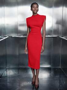 Maija Đầm ôm dáng hiện đại, thanh lịch, vai rộng màu đỏ tươi cho nữ, thiết kế áo chui đầu không tay có khóa kéo ẩn phía sau, viền xẻ tà dài vừa phải, thoải mái và ấm áp, phù hợp cho những dịp thường ngày trong công sở - Đỏ - Xem 6