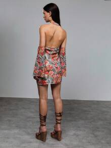 TypaGal Women's Beige Floral Animal Print Halter Mini Dress,Deep Plunge Neck Open Shoulder Boho Vacation Autumn Clothes,Summer Daring Beach Getaway Dress - Multicolor - View 4